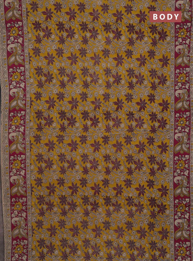 Kalamkari cotton saree yellow and pink with allover prints and printed border