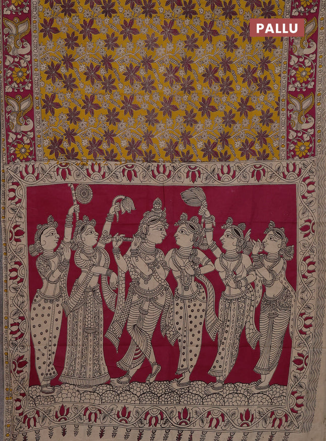 Kalamkari cotton saree yellow and pink with allover prints and printed border