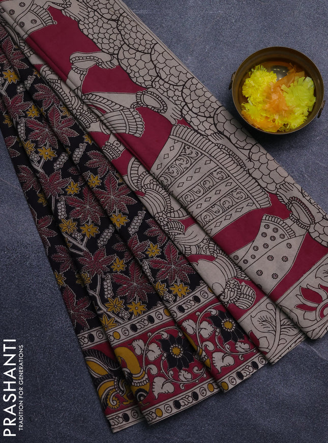 Kalamkari cotton saree black and pink with allover prints and printed border
