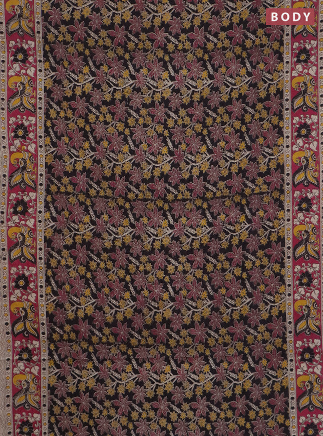 Kalamkari cotton saree black and pink with allover prints and printed border