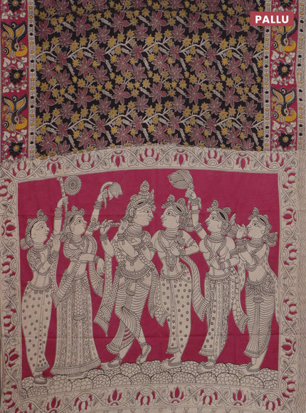 Kalamkari cotton saree black and pink with allover prints and printed border