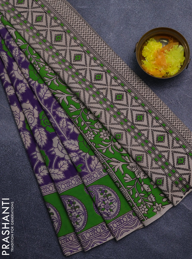 Kalamkari cotton saree violet and green with allover prints and printed border