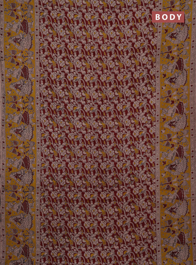 Kalamkari cotton saree maroon and yellow with allover prints and printed border