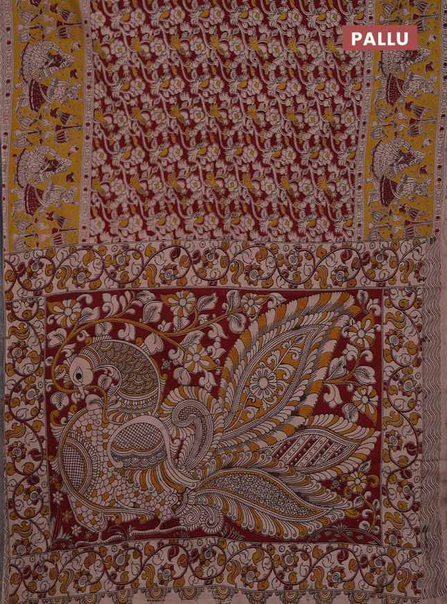Kalamkari cotton saree maroon and yellow with allover prints and printed border