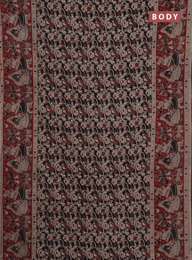 Kalamkari cotton saree black and maroon with allover prints and printed border