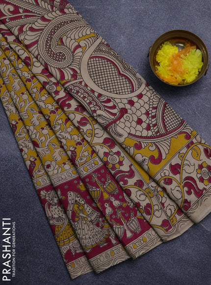 Kalamkari cotton saree yellow and pink with allover prints and printed border