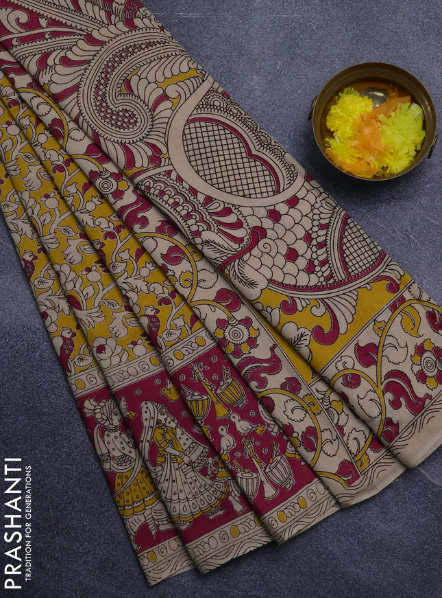 Kalamkari cotton saree yellow and pink with allover prints and printed border