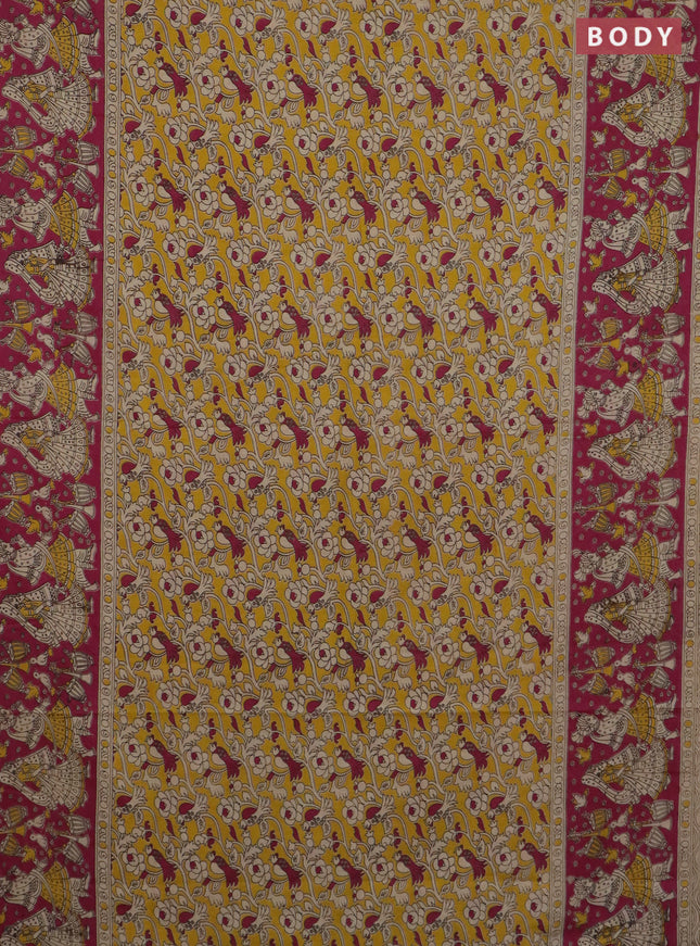 Kalamkari cotton saree yellow and pink with allover prints and printed border