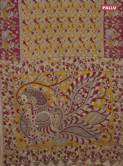 Kalamkari cotton saree yellow and pink with allover prints and printed border