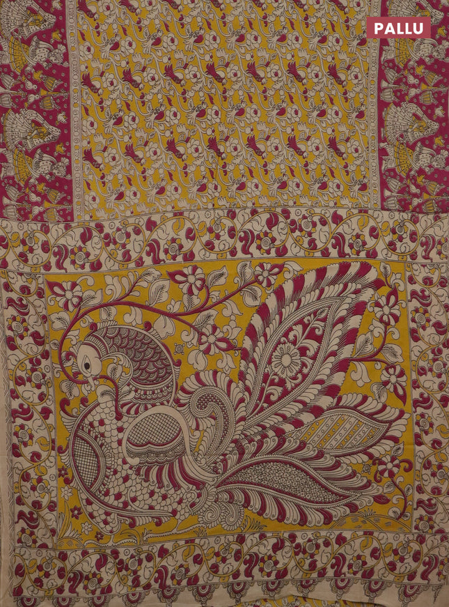 Kalamkari cotton saree yellow and pink with allover prints and printed border
