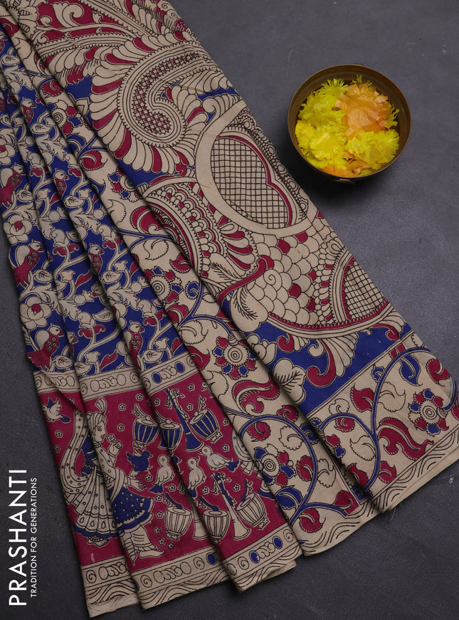 Kalamkari cotton saree blue and pink with allover prints and printed border