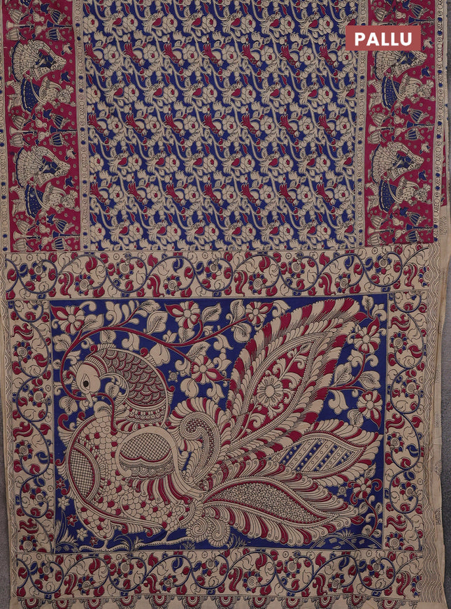 Kalamkari cotton saree blue and pink with allover prints and printed border
