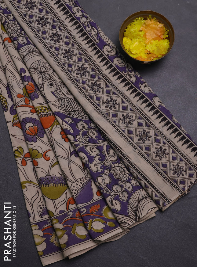 Kalamkari cotton saree beige and lavender with allover prints and printed border