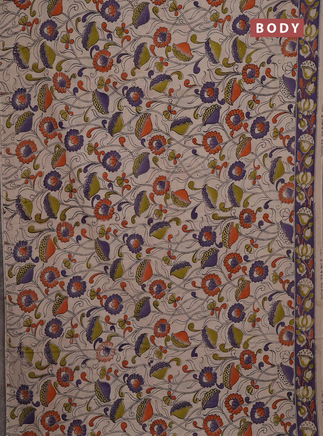 Kalamkari cotton saree beige and lavender with allover prints and printed border