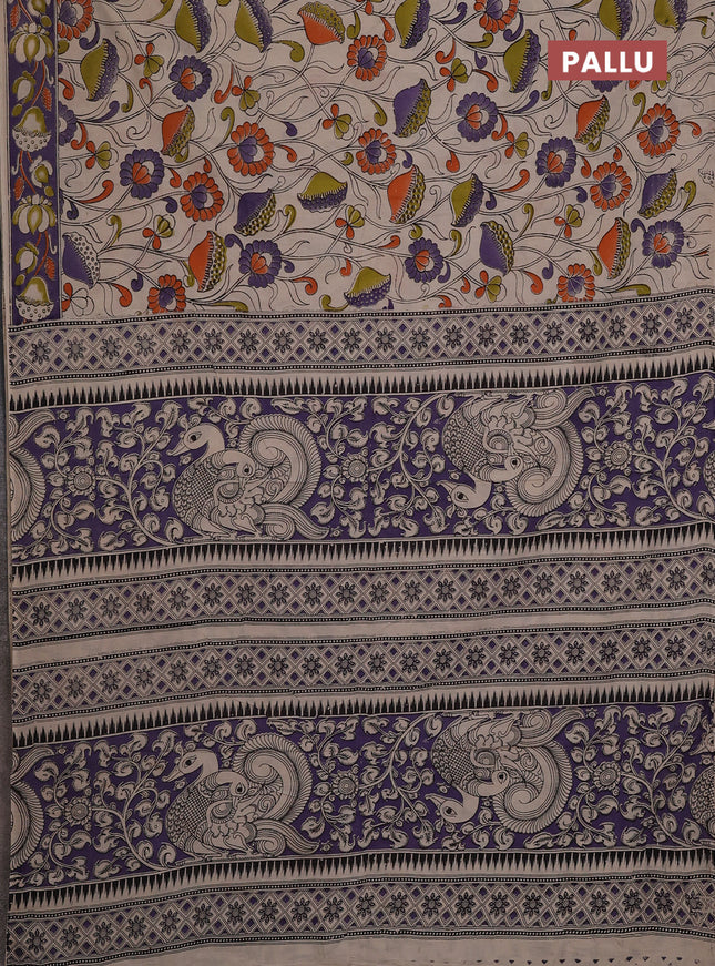 Kalamkari cotton saree beige and lavender with allover prints and printed border