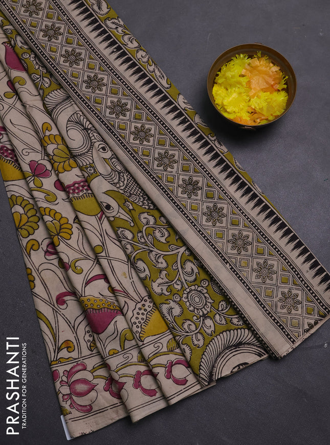 Kalamkari cotton saree beige with allover prints and printed border