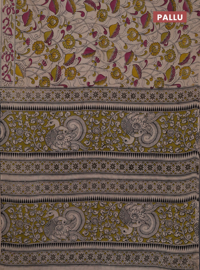 Kalamkari cotton saree beige with allover prints and printed border