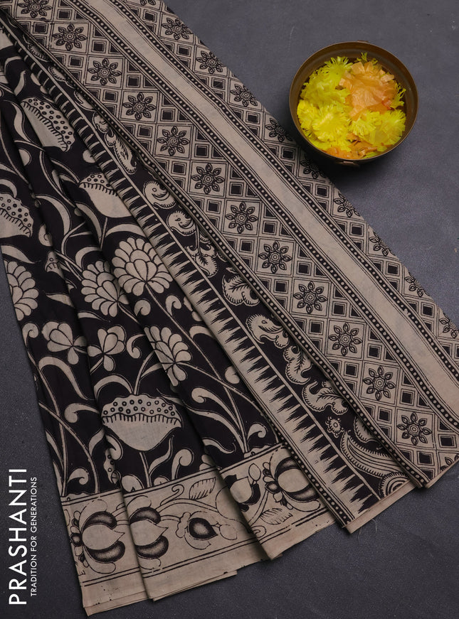 Kalamkari cotton saree black and beige with allover prints and printed border