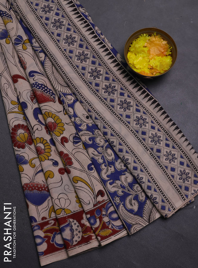 Kalamkari cotton saree beige and maroon with allover prints and printed border