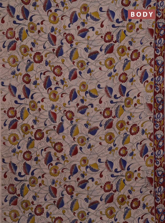 Kalamkari cotton saree beige and maroon with allover prints and printed border