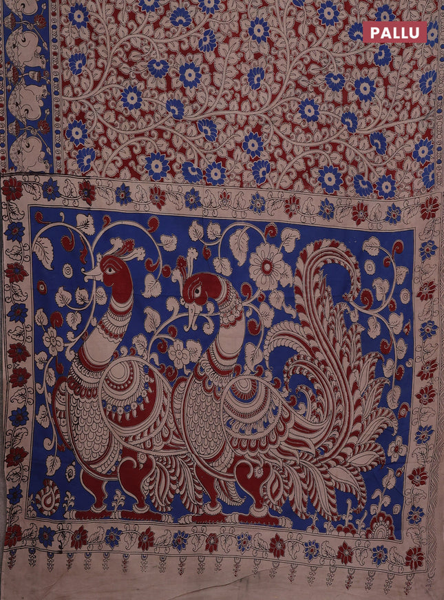 Kalamkari cotton saree maroon  and blue with allover prints and pichwai printed border