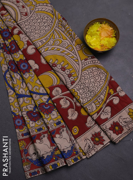 Kalamkari cotton saree yellow and maroon with allover prints and pichwai printed border