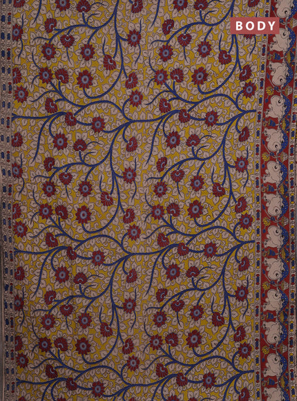 Kalamkari cotton saree yellow and maroon with allover prints and pichwai printed border