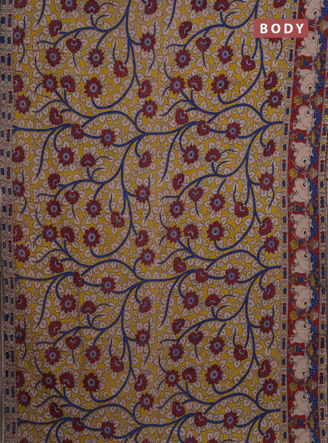 Kalamkari cotton saree yellow and maroon with allover prints and pichwai printed border