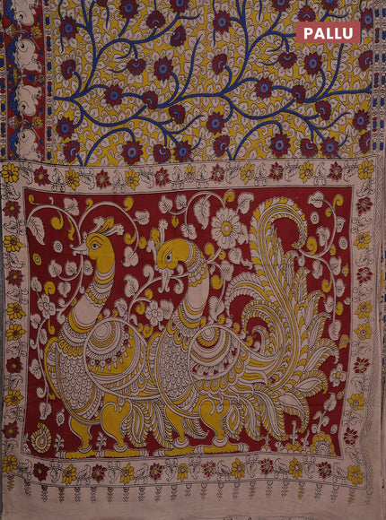 Kalamkari cotton saree yellow and maroon with allover prints and pichwai printed border