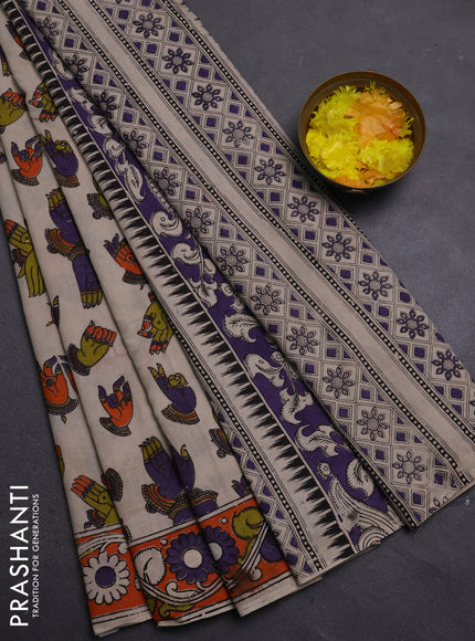 Kalamkari cotton saree beige and orange with allover prints and printed border