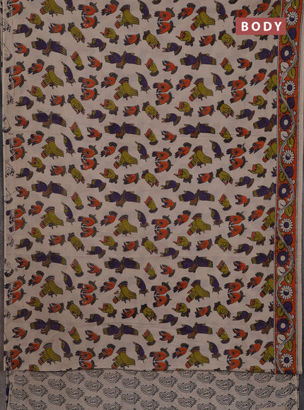 Kalamkari cotton saree beige and orange with allover prints and printed border