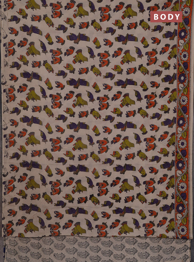 Kalamkari cotton saree beige and orange with allover prints and printed border