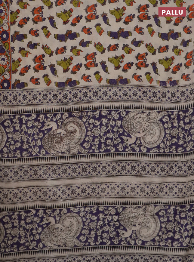 Kalamkari cotton saree beige and orange with allover prints and printed border