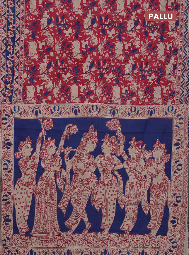 Kalamkari cotton saree pink and blue with allover pichwai prints and printed border
