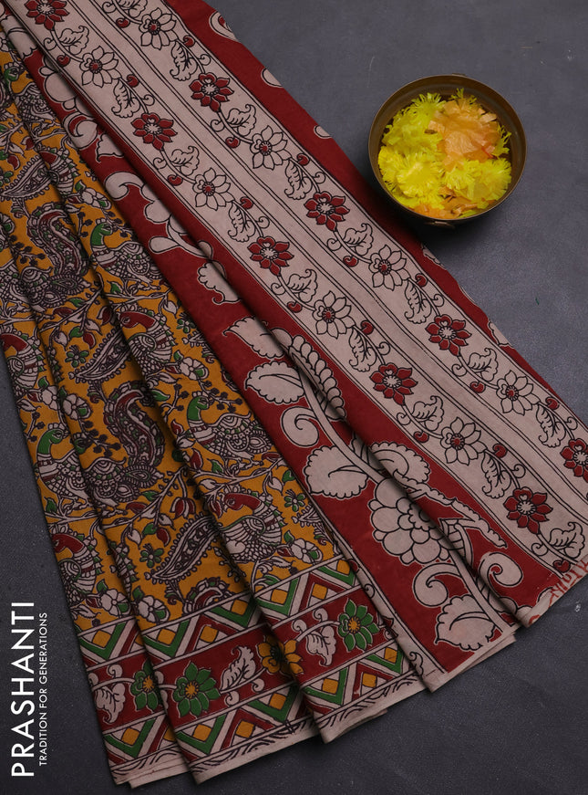Kalamkari cotton saree yellow and maroon with allover prints and printed border