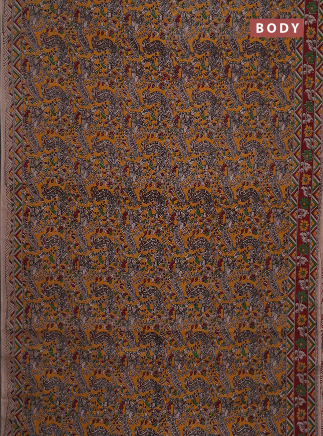 Kalamkari cotton saree yellow and maroon with allover prints and printed border