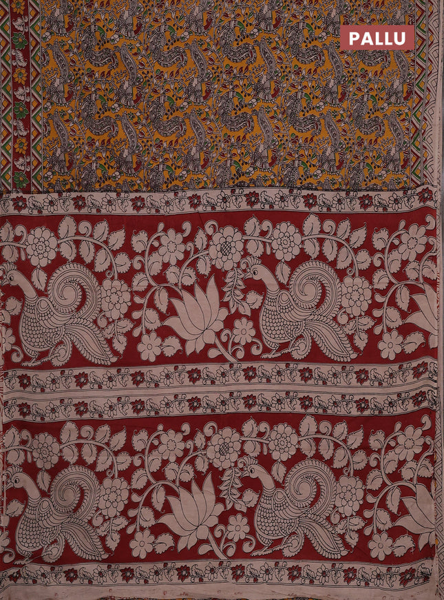 Kalamkari cotton saree yellow and maroon with allover prints and printed border