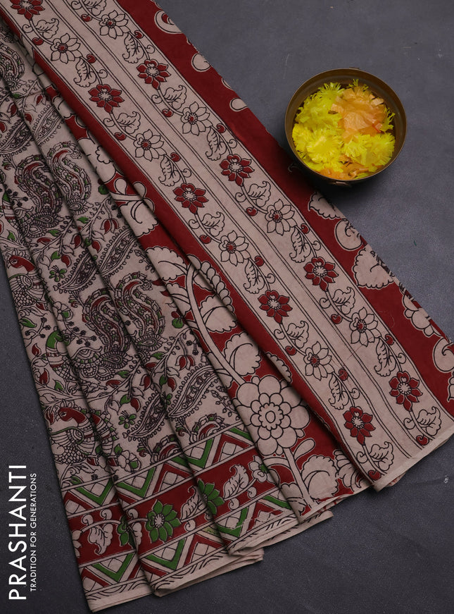 Kalamkari cotton saree beige and maroon with allover prints and printed border