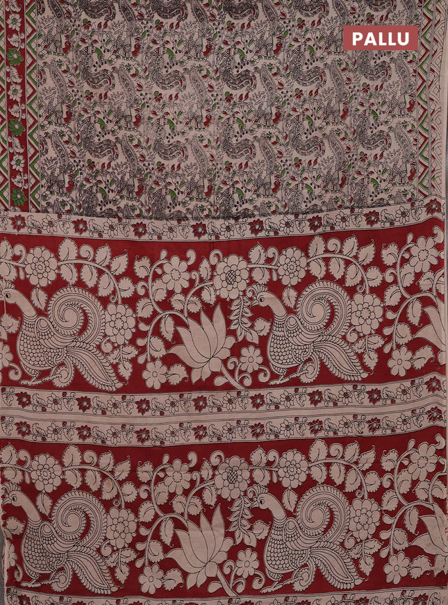Kalamkari cotton saree beige and maroon with allover prints and printed border