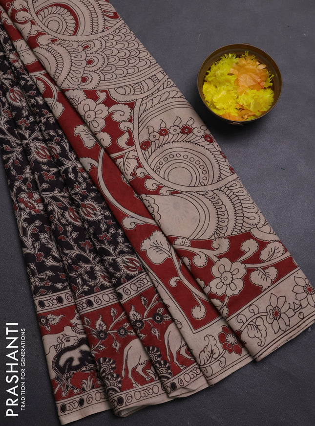 Kalamkari cotton saree black and maroon with allover prints and pichwai printed border