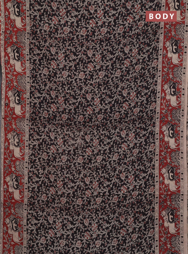 Kalamkari cotton saree black and maroon with allover prints and pichwai printed border