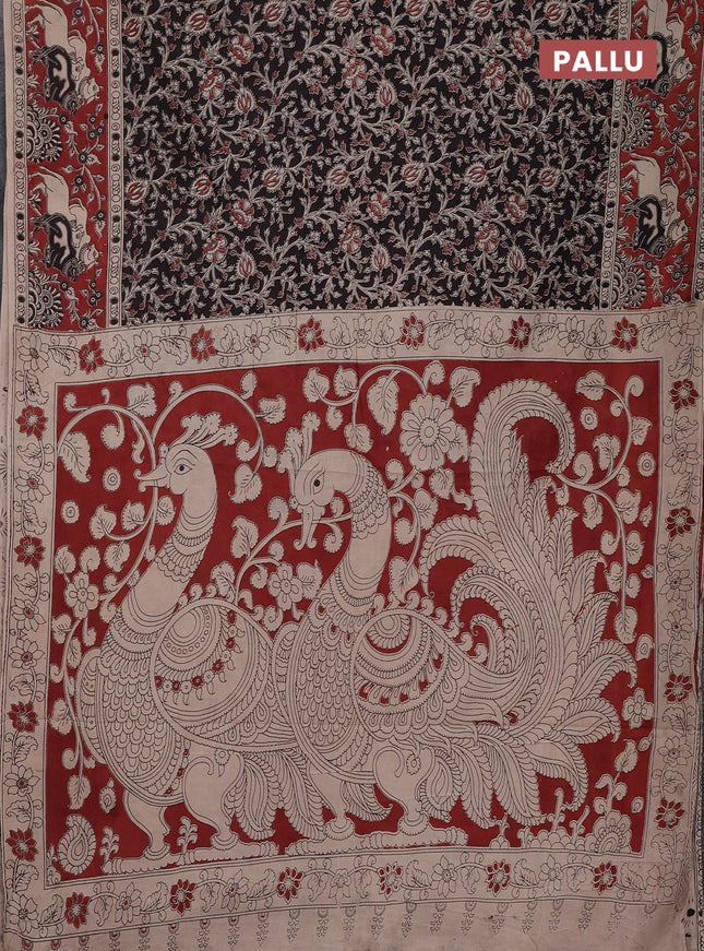 Kalamkari cotton saree black and maroon with allover prints and pichwai printed border