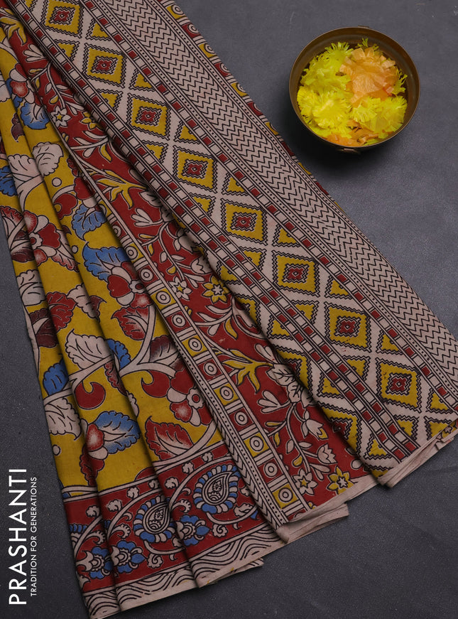 Kalamkari cotton saree yellow and maroon with allover prints and printed border