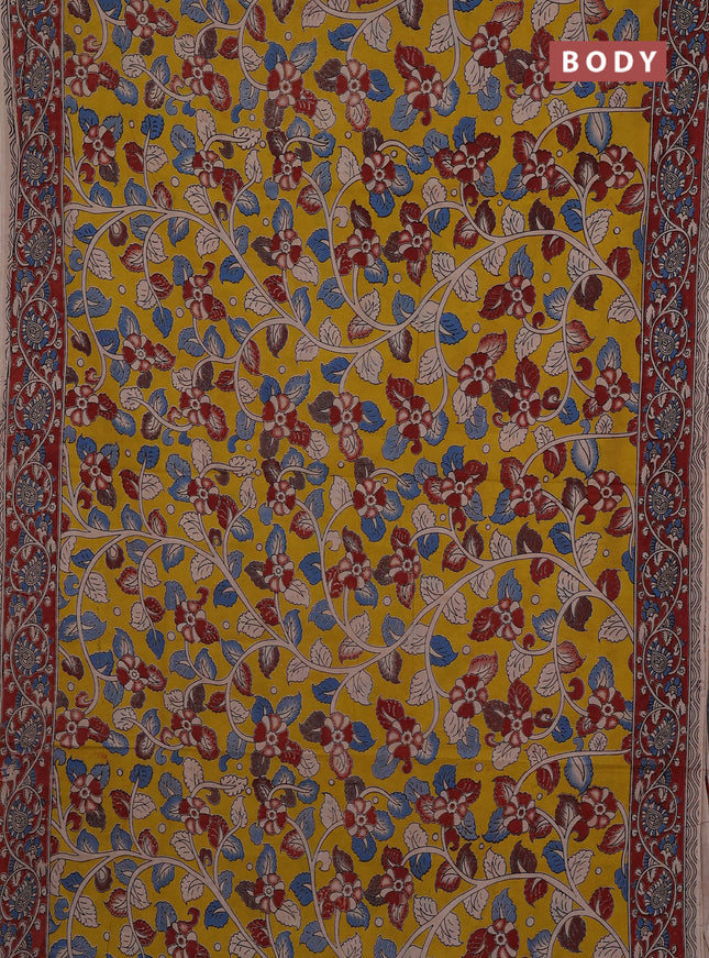 Kalamkari cotton saree yellow and maroon with allover prints and printed border