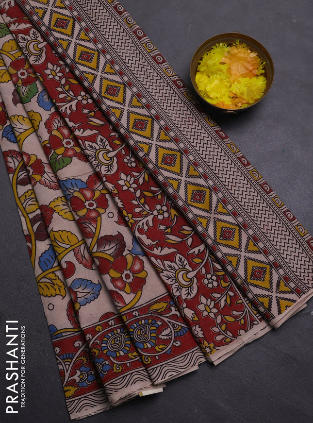 Kalamkari cotton saree beige and maroon with allover prints and printed border