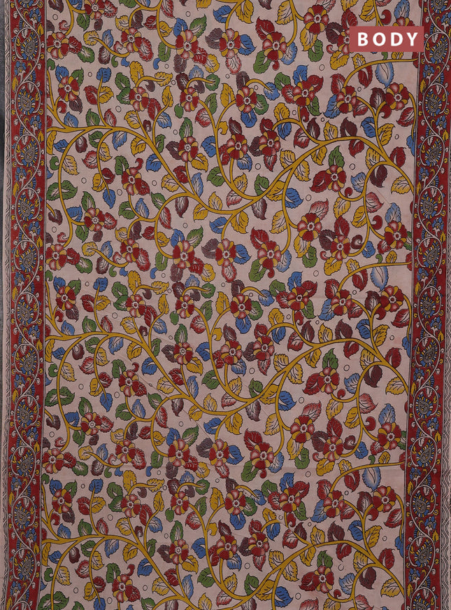Kalamkari cotton saree beige and maroon with allover prints and printed border