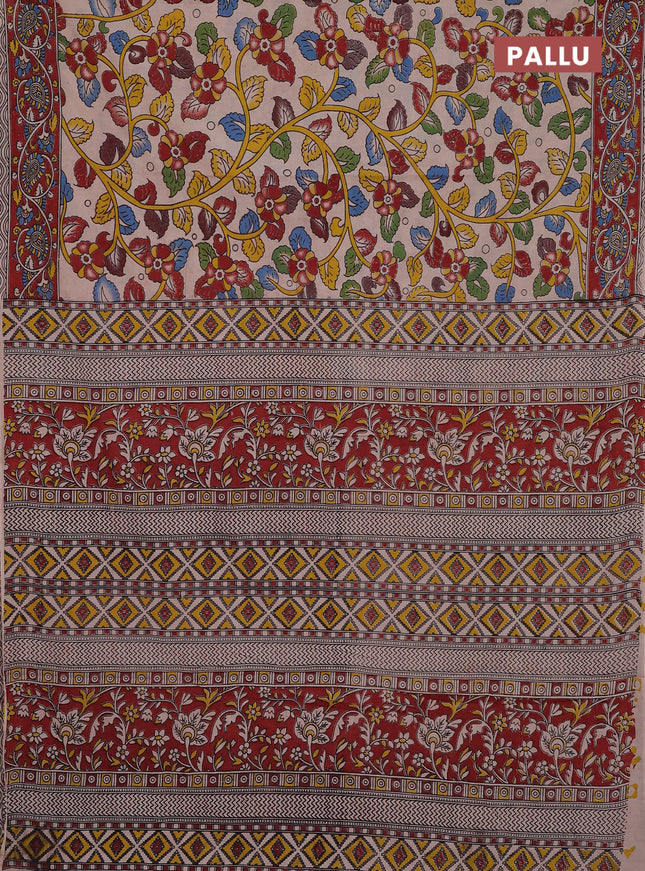 Kalamkari cotton saree beige and maroon with allover prints and printed border
