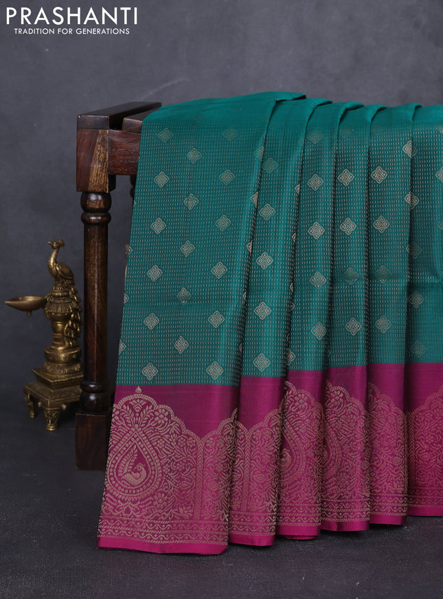 Kanchipuram soft silk saree green and magenta pink with allover zari stripes & buttas and long zari woven border