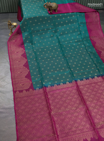 Kanchipuram soft silk saree green and magenta pink with allover zari stripes & buttas and long zari woven border
