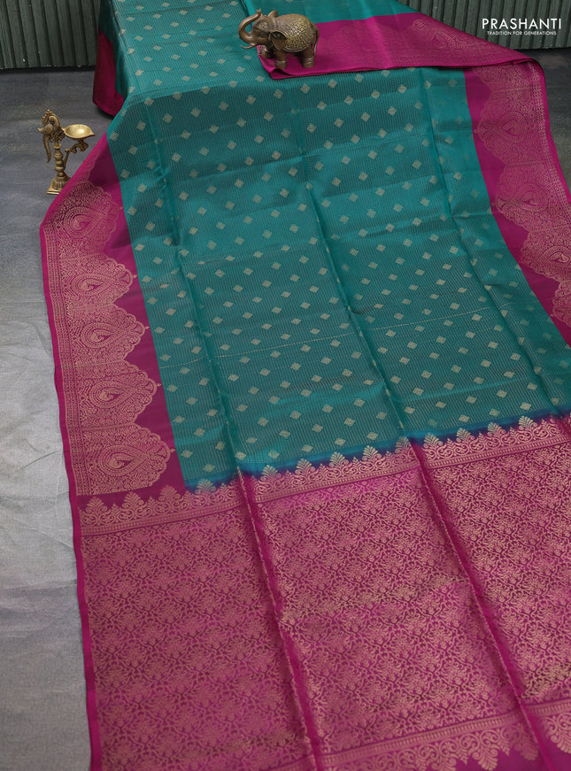 Kanchipuram soft silk saree green and magenta pink with allover zari stripes & buttas and long zari woven border